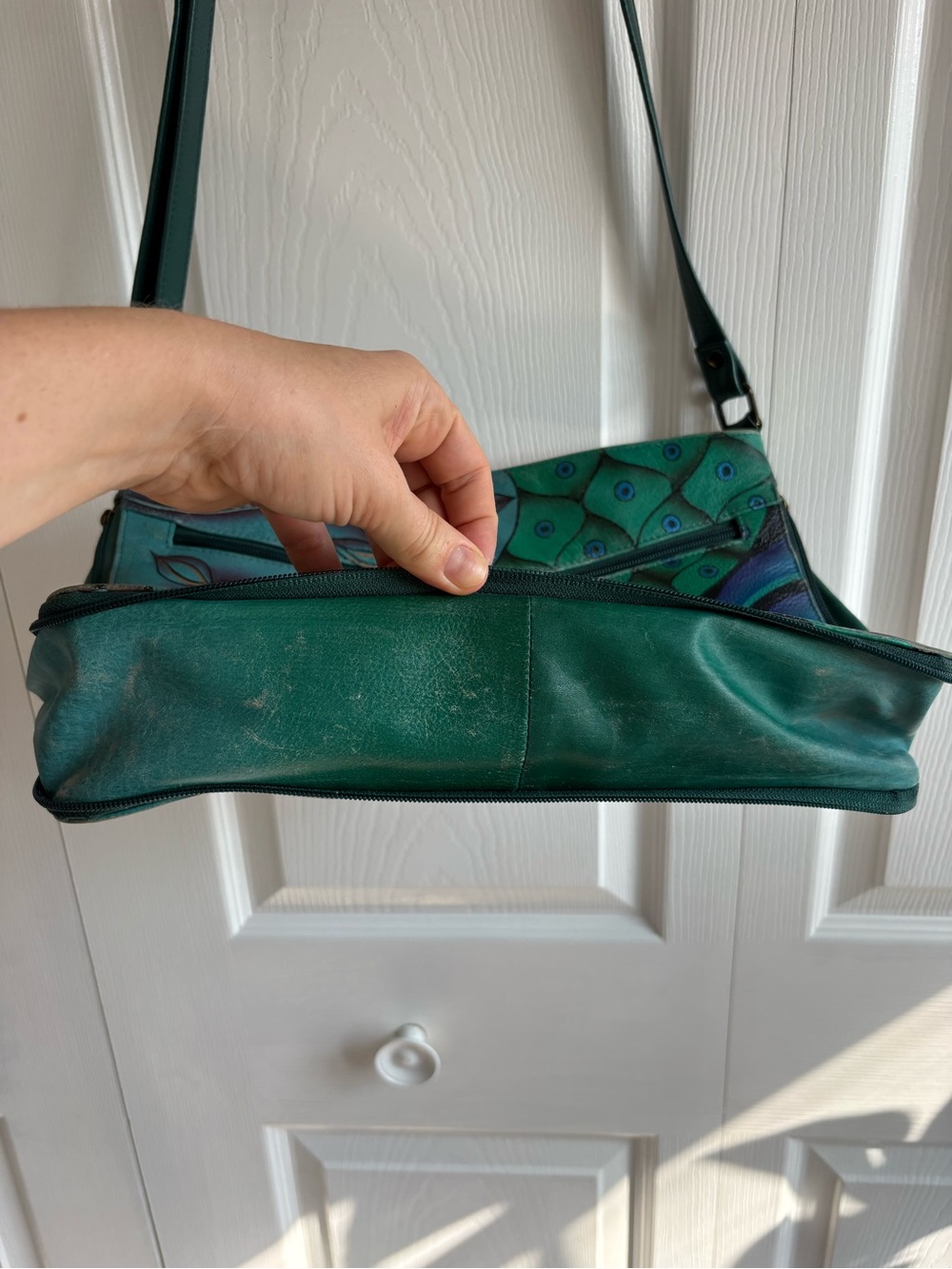 Anuschka Hobo Bag Purse Hand Painted Floral Peacock Leather Green Blue Artsy - Picture 4 of 12